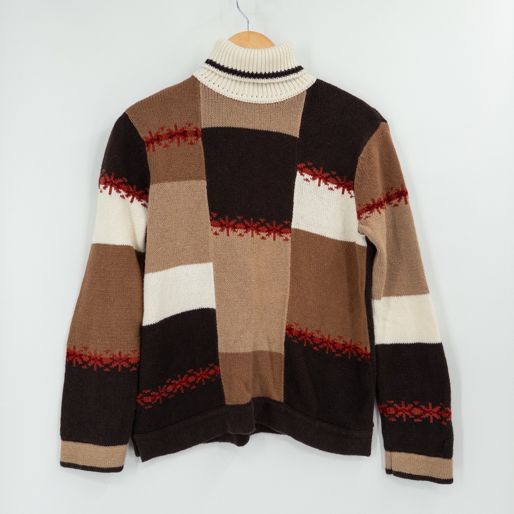 Vintage 90s Sweater Womens M Brown Patchwork Earthy Granny Indie Autumn Fall